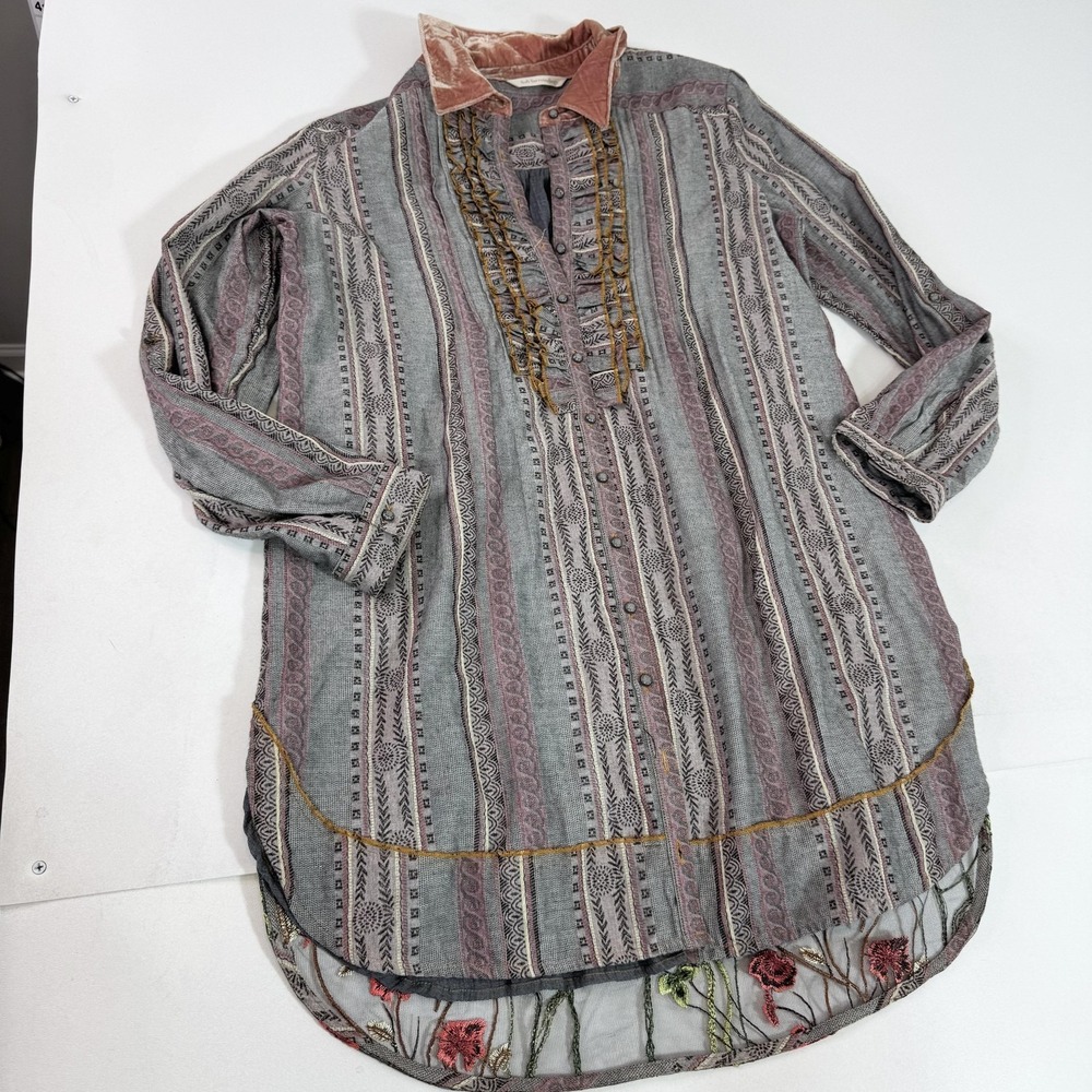 Soft Surroundings Shirt Womens Medium Embroidered Mesh Velvet Collar Tunic